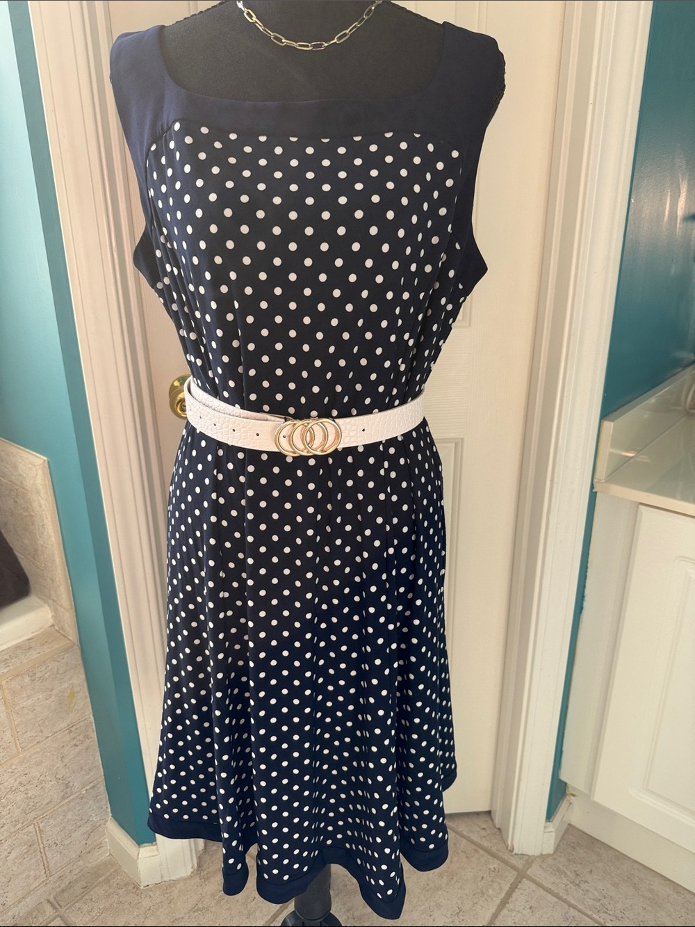 Chaps Navy and White Polka Dot Midi Dress - Picture 6 of 6